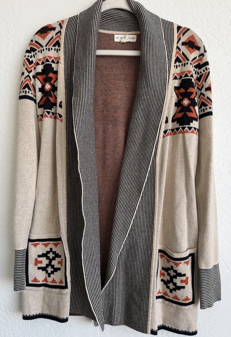 If It Were Me Medium Aztec Southwestern Boho Cardigan Open Front Tribal Knit
